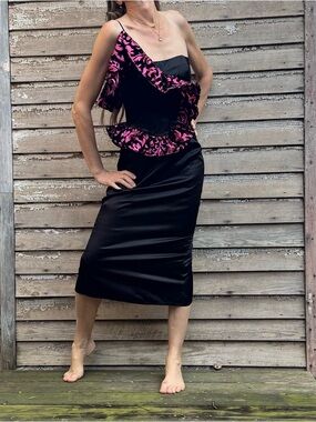80s Vintage Black Satin Midi Dress with Pink Baroque Ruffle